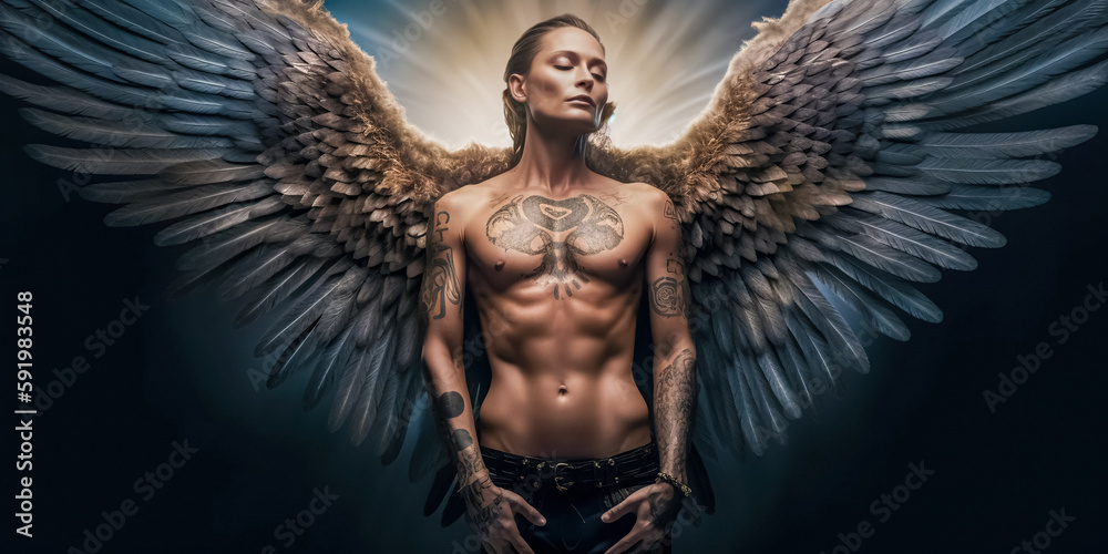 Half-naked female angel with intricate tattoos and massive wings. digital ai art