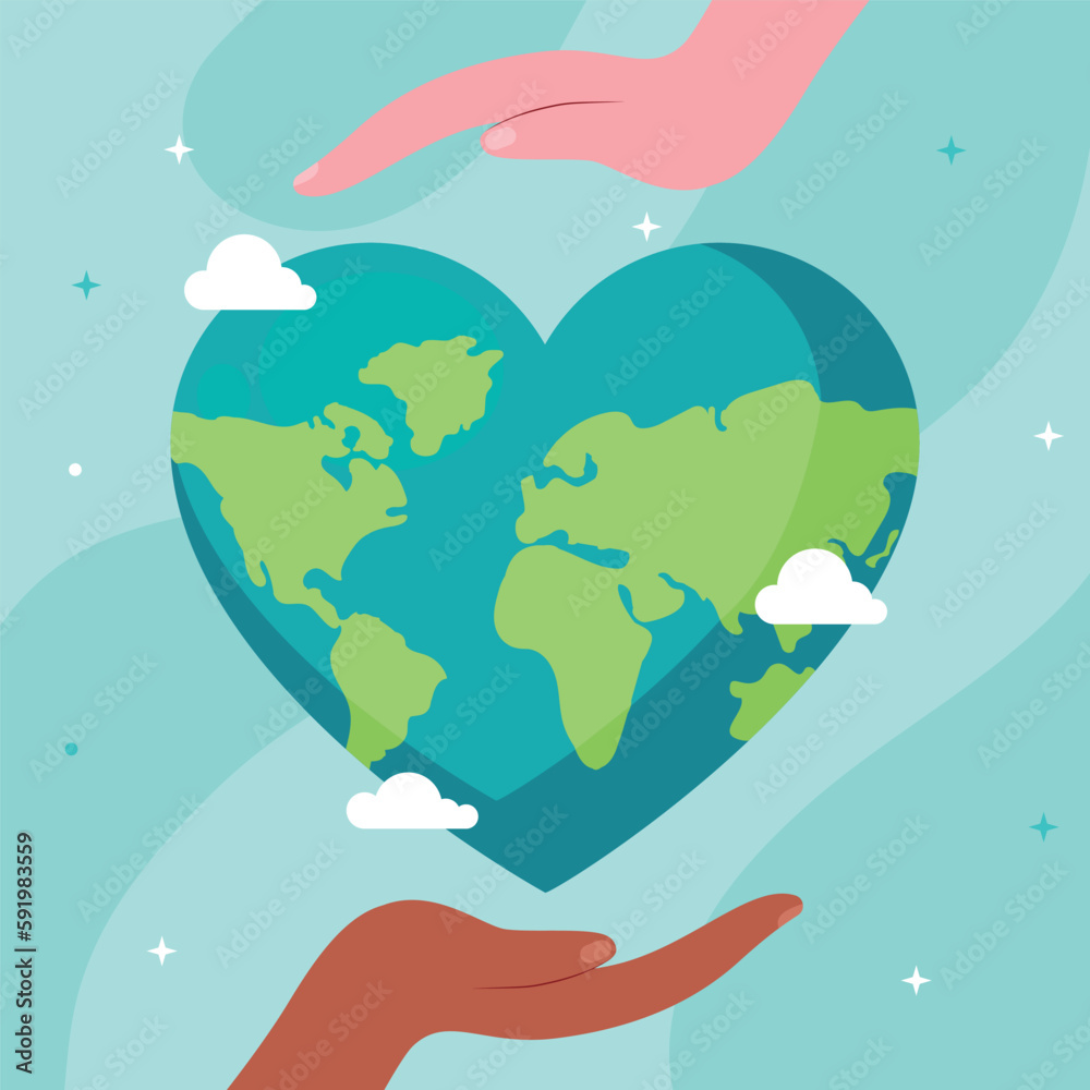Fototapeta premium Love the planet, Heartshape planet, Save tha planet, Happy Earth day poster, International Mother Earth Day, Taking care of nature. Cartoonish, Flat vector illustration