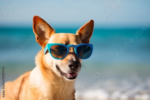 Happy dog on the beach, summer vacation, travel concept, generative ai © inspiretta