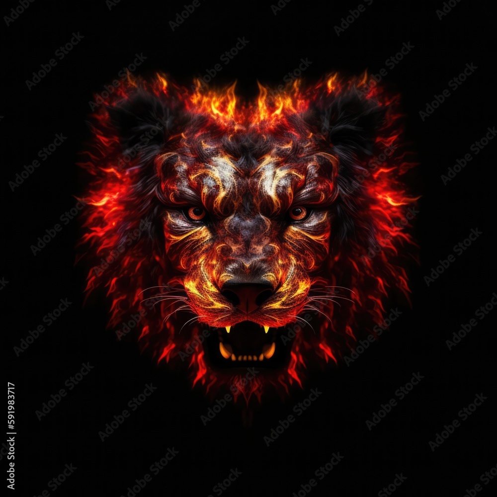 Bear Face Heart Shape In Red Fire On Black Background. Generative AI