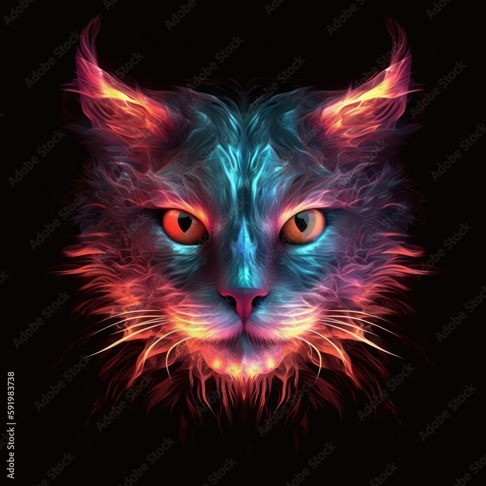 Beautiful Cat Face In Red Purple Fire On Black Background. Generative AI