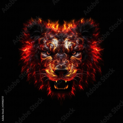 Bear Face Heart Shape In Red Fire On Black Background. Generative AI