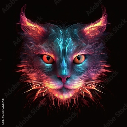 Beautiful Cat Face In Red Purple Fire On Black Background. Generative AI