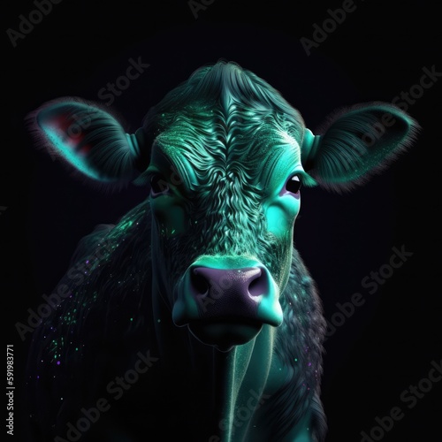 Beautiful Cow In Green Purple Fire On Black Background Dazzling And Radiant. Generative AI photo