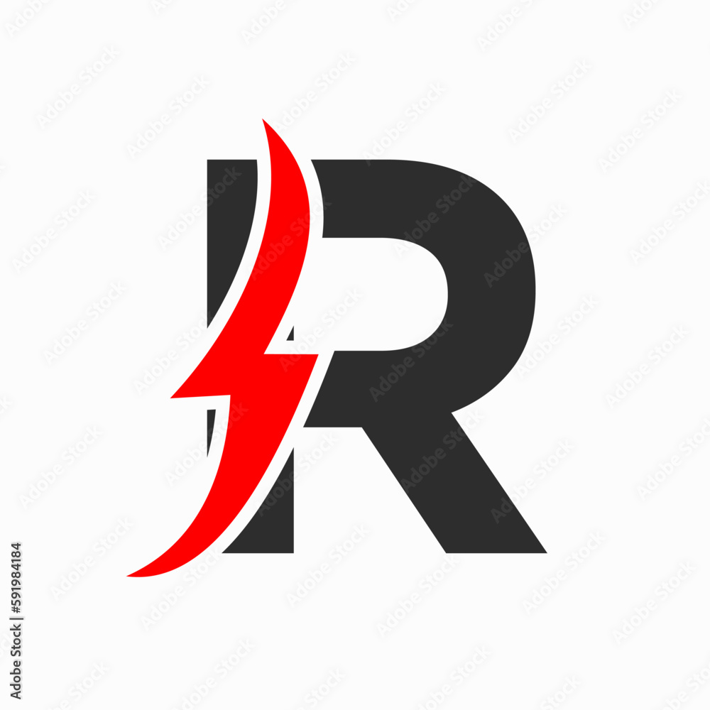 Initial Electric Logo on Letter R Concept With Power Icon, Volt Thunder Symbol Initial Electric Logo on Letter R Concept With Power Icon, Volt Thunder Symbol