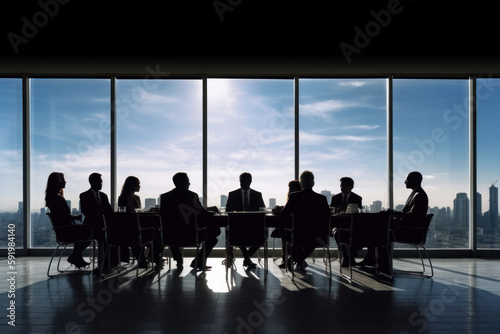 Ensemble de personnes, hommes et femmes, en reunion dans les bureaux d'une entreprise, locaux moderne et lumineux, personnes sont en contre-jour, en ombres chinoises photo