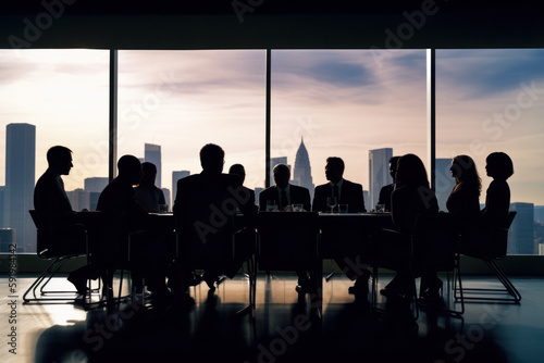 Ensemble de personnes, hommes et femmes, en reunion dans les bureaux d'une entreprise, locaux moderne et lumineux, personnes sont en contre-jour, en ombres chinoises