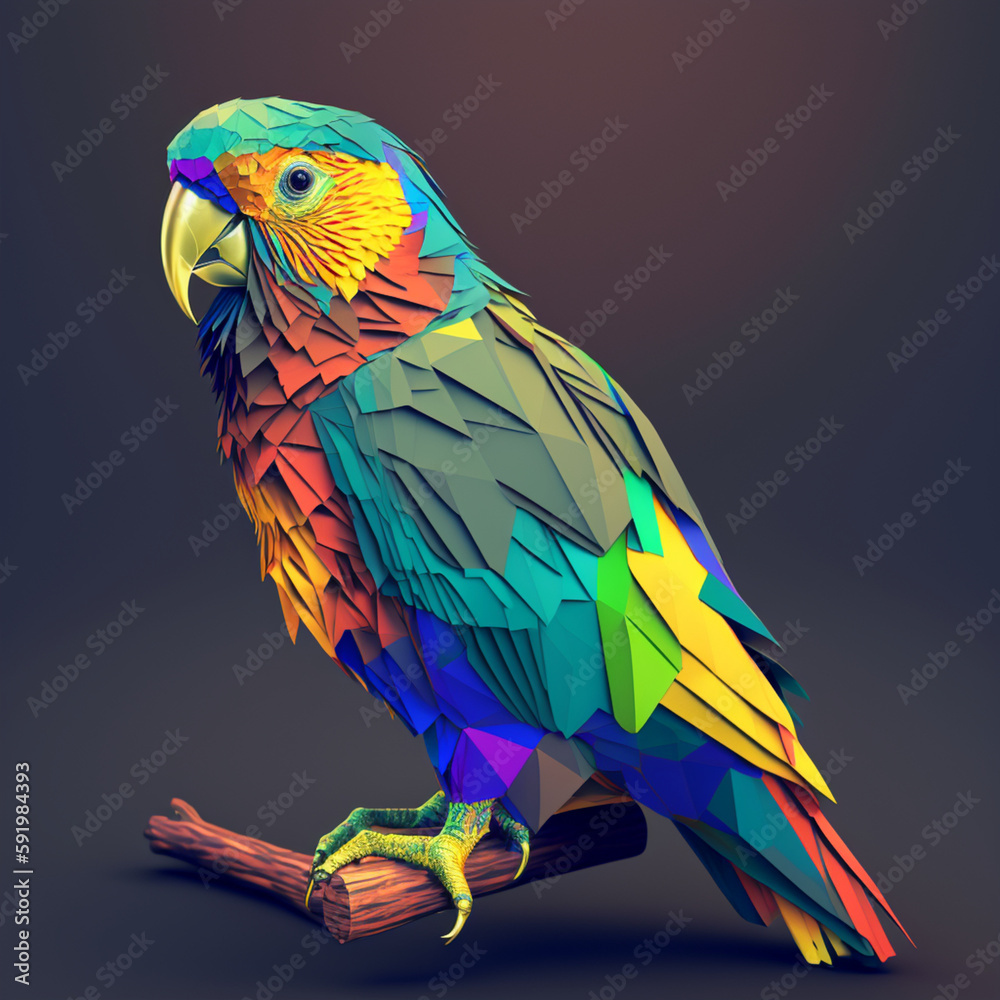 Obraz premium Colorful Isometric Parrot Perched on Branch. AI Generated