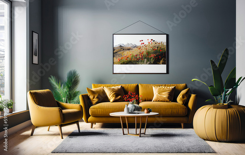 Modern interior with yellow sofa, armchair. Poster on grey wall. Generative AI.