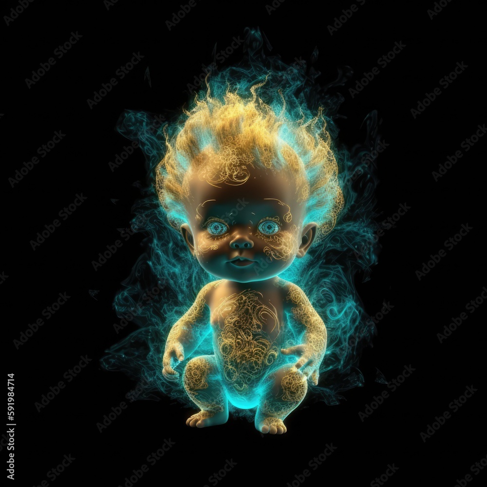 Naklejka premium Cute Baby Satyr Shape In Fire On Black Background. Generative AI