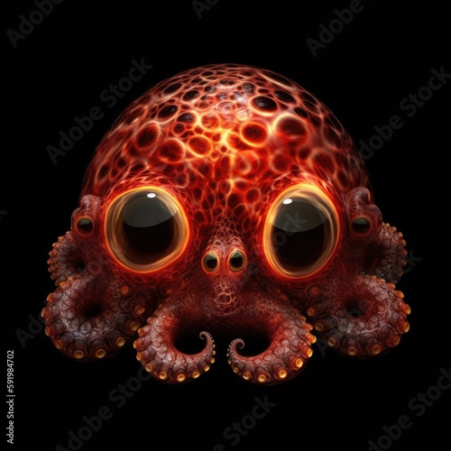 Cute Baby Octopus Face Shape In Red Fire On Black Background. Generative AI photo