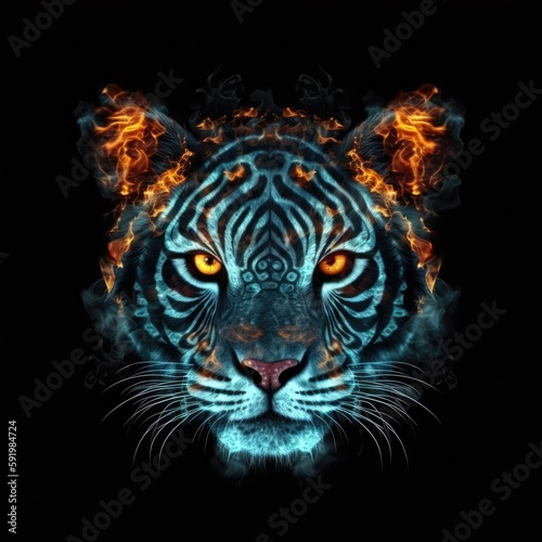 Cute Baby Tiger Face Shape In Fire On Black Background. Generative AI