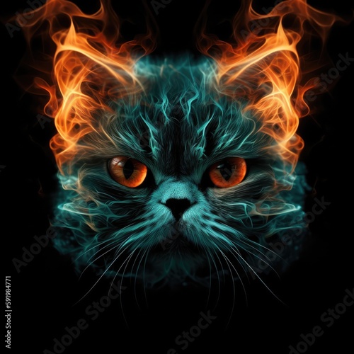 Exotic Shorthair Face Shape In Fire On Black Background. Generative AI