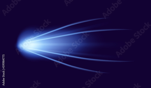 Meteor or comet. Neon space flying meteorite or asteroid, realistic vector illustration. Meteor fire trails isolated. Fireball glowing gas and dust tails at night sky