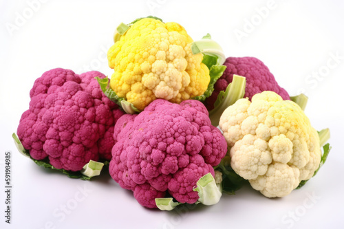 Cauliflower, white cauliflower, yellow cauliflower, purple cauliflower on a white background,  generative ai, Fresh tasty vegetables, Fresh ingredients, cooking ingredients
