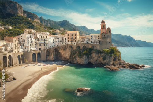 Landscape with Atrani town at famous amalfi coast, Italy created with Generative AI technology