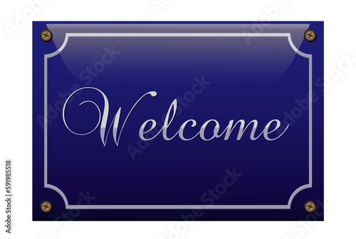 Welcome Emailleschild,
Straßenschild in Kobaltblau mit Text in englisch,
Vektor Illustration isoliert auf weißem Hintergrund
