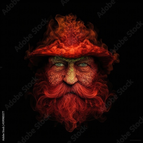 Leprechaun Face Shape In Red Fire On Black Background. Generative AI
