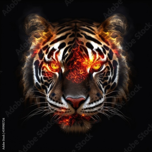 Tiger Face Heart Shape In Red Fire On Black Background. Generative AI