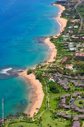 Aerial View of beachfront of Resort Communities at Ulua, Mokapu and Keawakapu Beaches; Wailea, Maui, Hawaii, United States of America photo