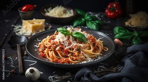 Spaghetti on a Plate  Kitchen Atmosphere. generative ai