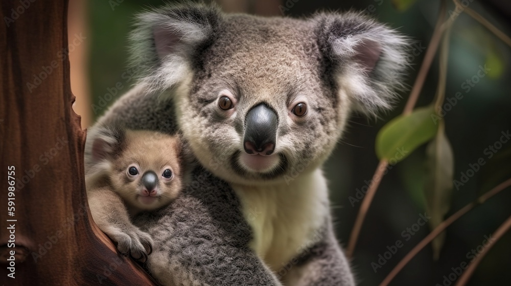 Obraz premium Koala with joey on its back on a branch. Generative AI
