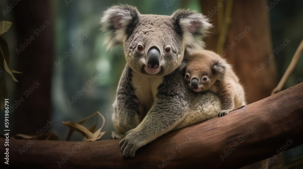 Koala with joey on its back on a branch. Generative AI Koala with joey on its back on a branch. Generative AI