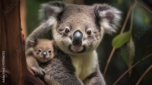 Koala with joey on its back on a branch. Generative AI
