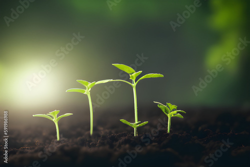 Planting seedlings to reduce global warming. Green sprout growing from seed. Seedlings that are growing into trees, generative AI 