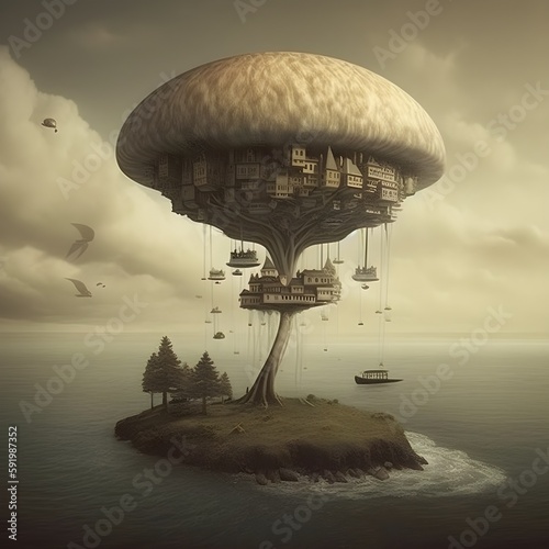 ufo in the sky with air carroussel like houses hanging in the sky surreal