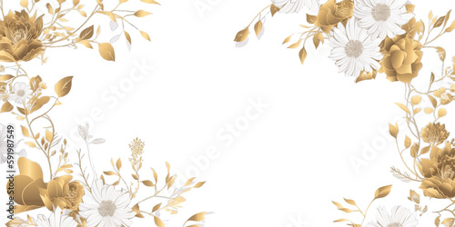 Golden Flowers frame, Floral Garden Frame, Gold Flower backdrop, isolated on transparent background, Generative AI photo
