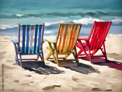 Relaxing colorful beach chairs on summer resort beach  oil painting style. Generative Ai.