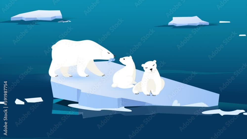 Polar Bear Mother Feeding Her Two Babies on Melting Broken Ice In The ...