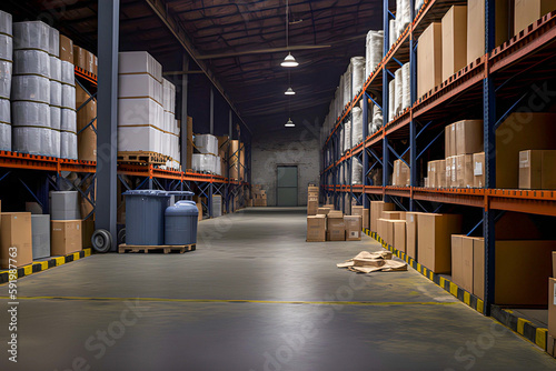 Interior of a large warehouse. AI generated image. photo