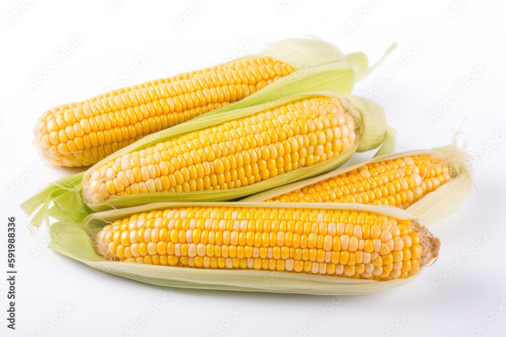 Sweetcorn, corn, multiple sweetcorns on the cob on a white background, generative ai, Fresh tasty vegetables, Fresh ingredients, cooking ingredients Sweetcorn, corn, multiple sweetcorns on the cob on a white background, generative ai, Fresh tasty vegetables, Fresh ingredients, cooking ingredients