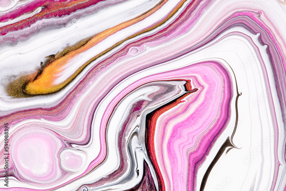 Fluid art texture. Abstract background with mixing paint effect. Liquid acrylic picture that flows and splashes. Mixed paints for website background. Pink, golden and white overflowing colors.