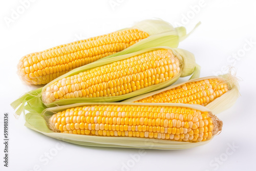 Sweetcorn, corn, multiple sweetcorns on the cob on a white background, generative ai, Fresh tasty vegetables, Fresh ingredients, cooking ingredients