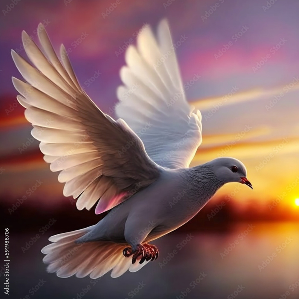 Obraz premium Dove of peace at sunset. Generative AI.