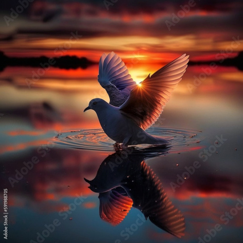 Dove of peace at sunset. Generative AI. © DALU11
