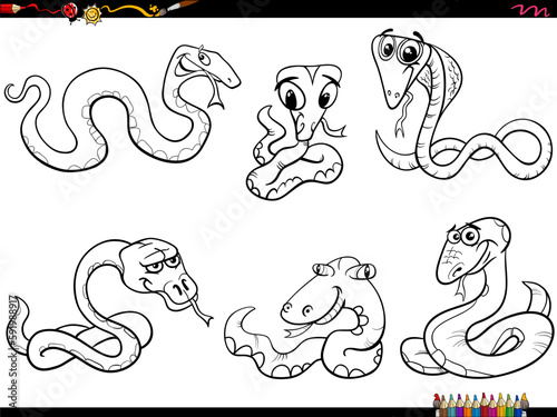 cartoon snakes animal characters set coloring page