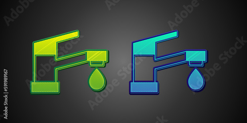 Green and blue Water tap icon isolated on black background. Vector