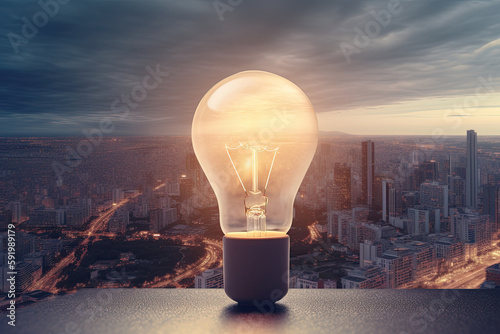 Light bulb on night city background. Alternative energy, idea, saving electricity innovation and inspiration concepts. Generative AI