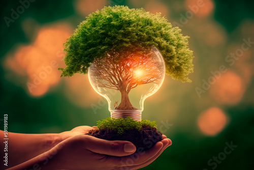 A hand holds a light bulb with a miniature tree inside, a symbol of energy conservation. Generative AI