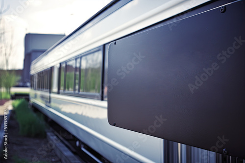 Black horizontal blank signboard on railway wagons background. Generative AI