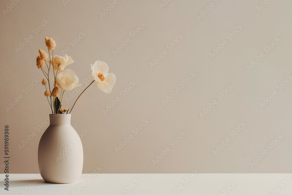 Close up minimal flowers in a vase on cream background with copy space (AI Generated) Close up minimal flowers in a vase on cream background with copy space (AI Generated)