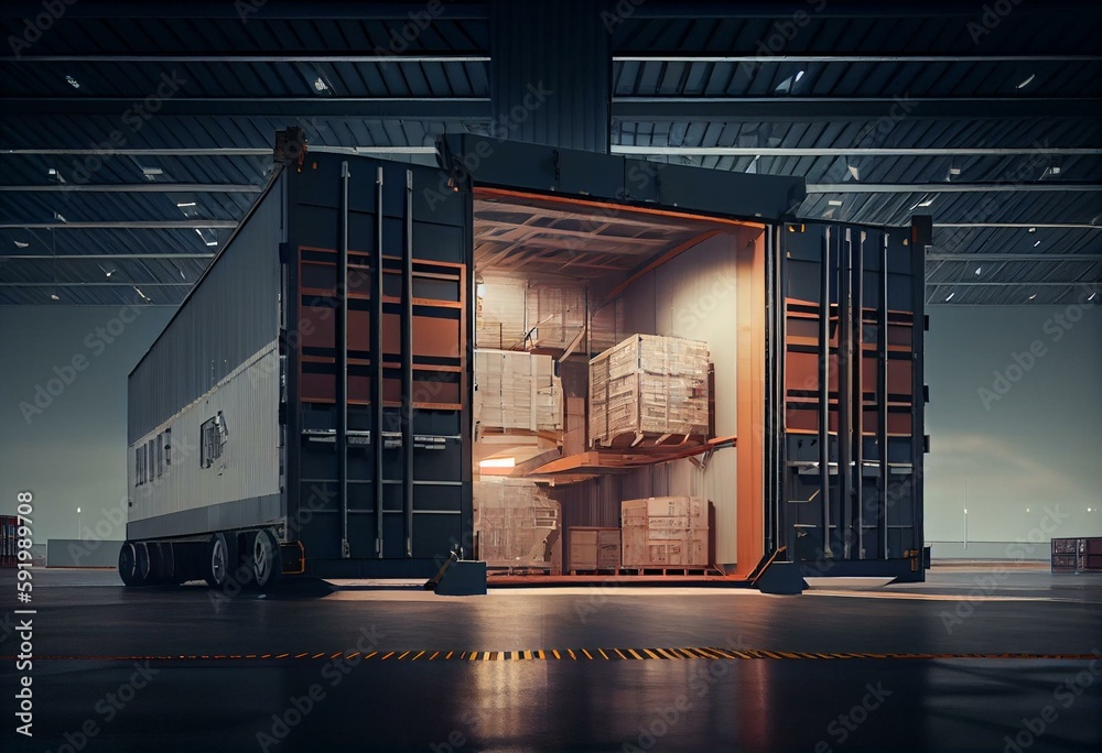 Logistic center. Hangar with boxes on pallets. Sea container for