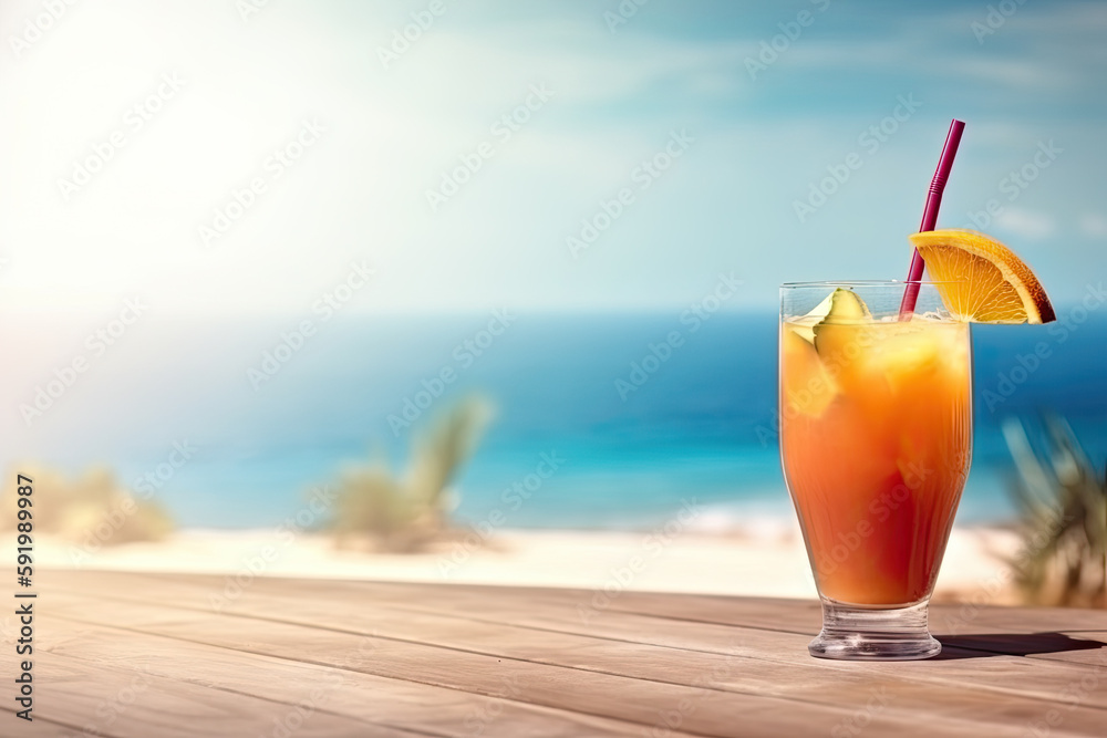orange cocktail on wooden table and paradisiacal beach with the sea in the background. Copy space. Ai generative orange cocktail on wooden table and paradisiacal beach with the sea in the background. Copy space. Ai generative