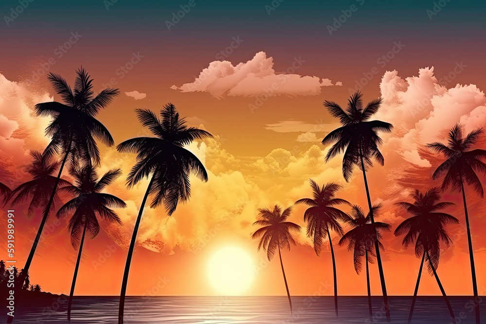summer landscape ilustration consisting of palm tree and a tropical beach in sunset light. Ai generative