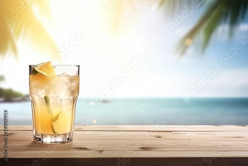 cocktail on wooden table and paradisiacal beach with the sea in the background. Copy space. Ai generative