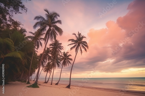 summer landscape consisting of palm tree and a tropical beach in sunset light. Ai generative